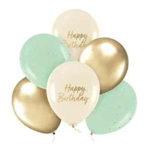 6 x Happy Birthday Balloons Green, Beige and Gold 12 In
