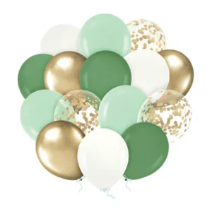 Set of green, white and gold balloons with confetti 12in - 15 pcs