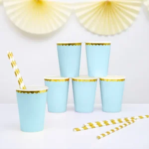 Light blue paper cups with gold trim, 220ml, 6pcs
