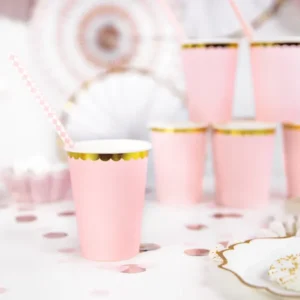 Light pink paper cups with gold trim, 220ml, 6pcs