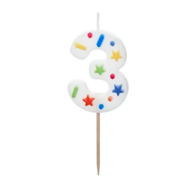 Birthday Candle Number 3, white confetti, 5.5cm